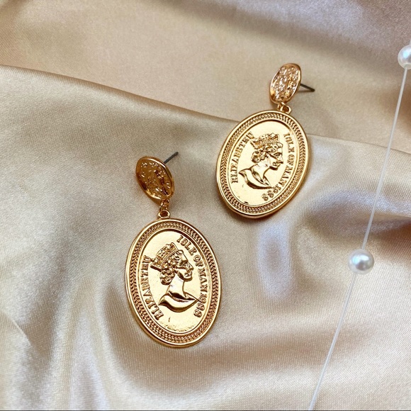 Golden Queen Coins Drop Statement Earrings - Picture 2 of 4